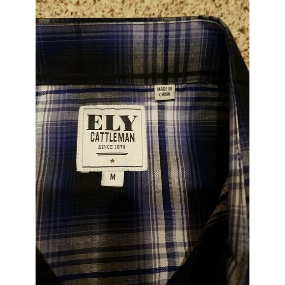 Ely Cattleman | Blue White Black Plaid Pearl Snap Long Sleeve Button Up Men Med - Picture 3 of 9